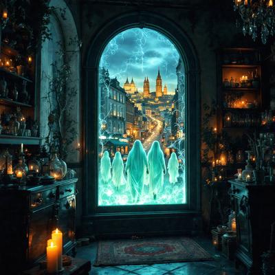 The primary subject of the image is a group of four ghostly figures standing in front of a window. The setting is a dark room with a lit-up window, creating a spooky atmosphere. The visual style appears to be a combination of photo and digital art, as the ghosts are depicted in a somewhat realistic manner. The colors and mood of the image are predominantly dark, with the ghosts being the main focus, and the lit-up window providing a contrasting element of light.
